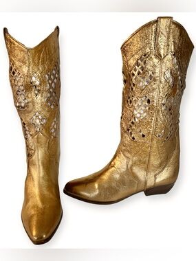 Vintage Metallic Gold Cut Out Leather Cowboy Boots Shoes Size 8 Italy Cori Co Ri